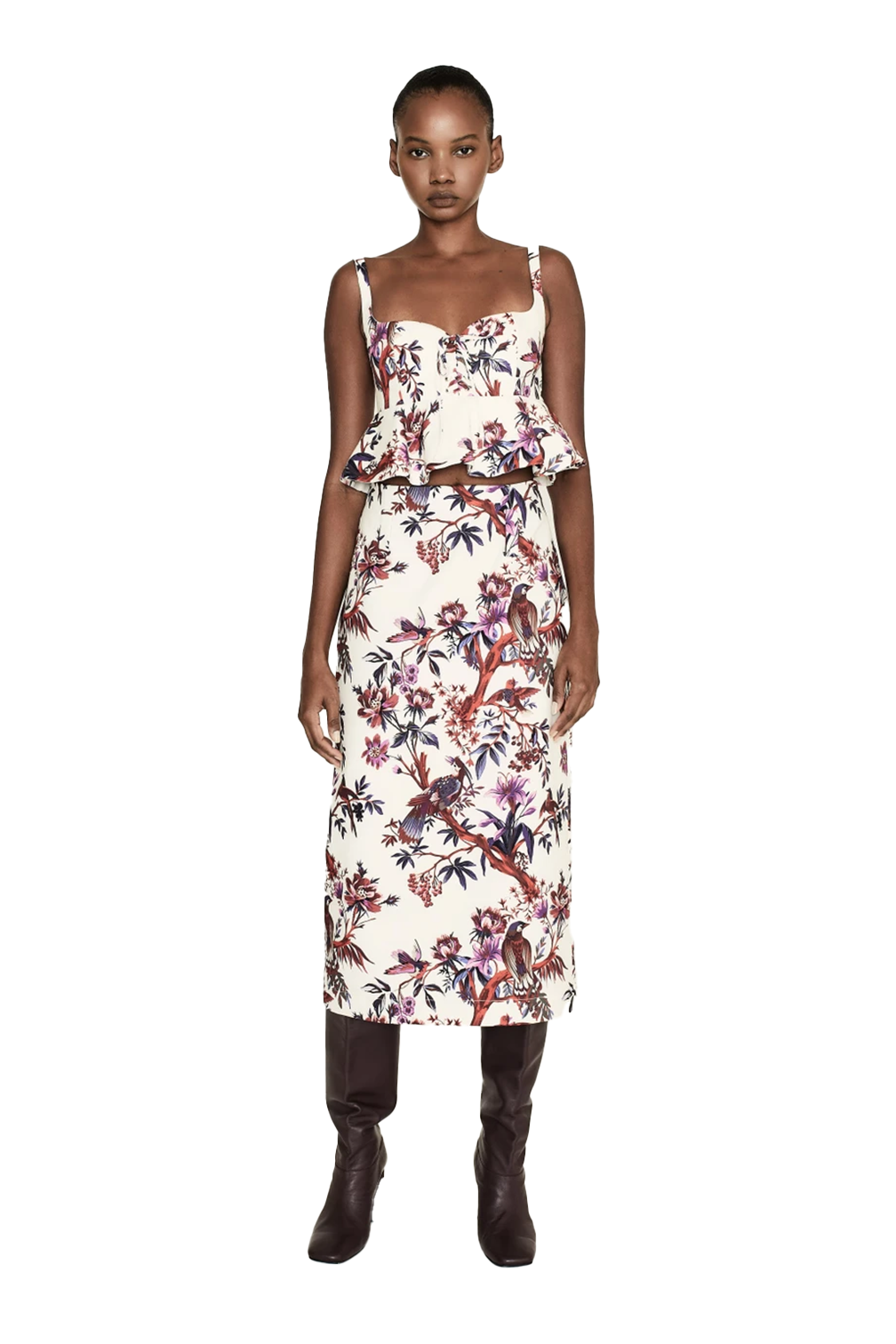 Floral Birds Midi Skirt