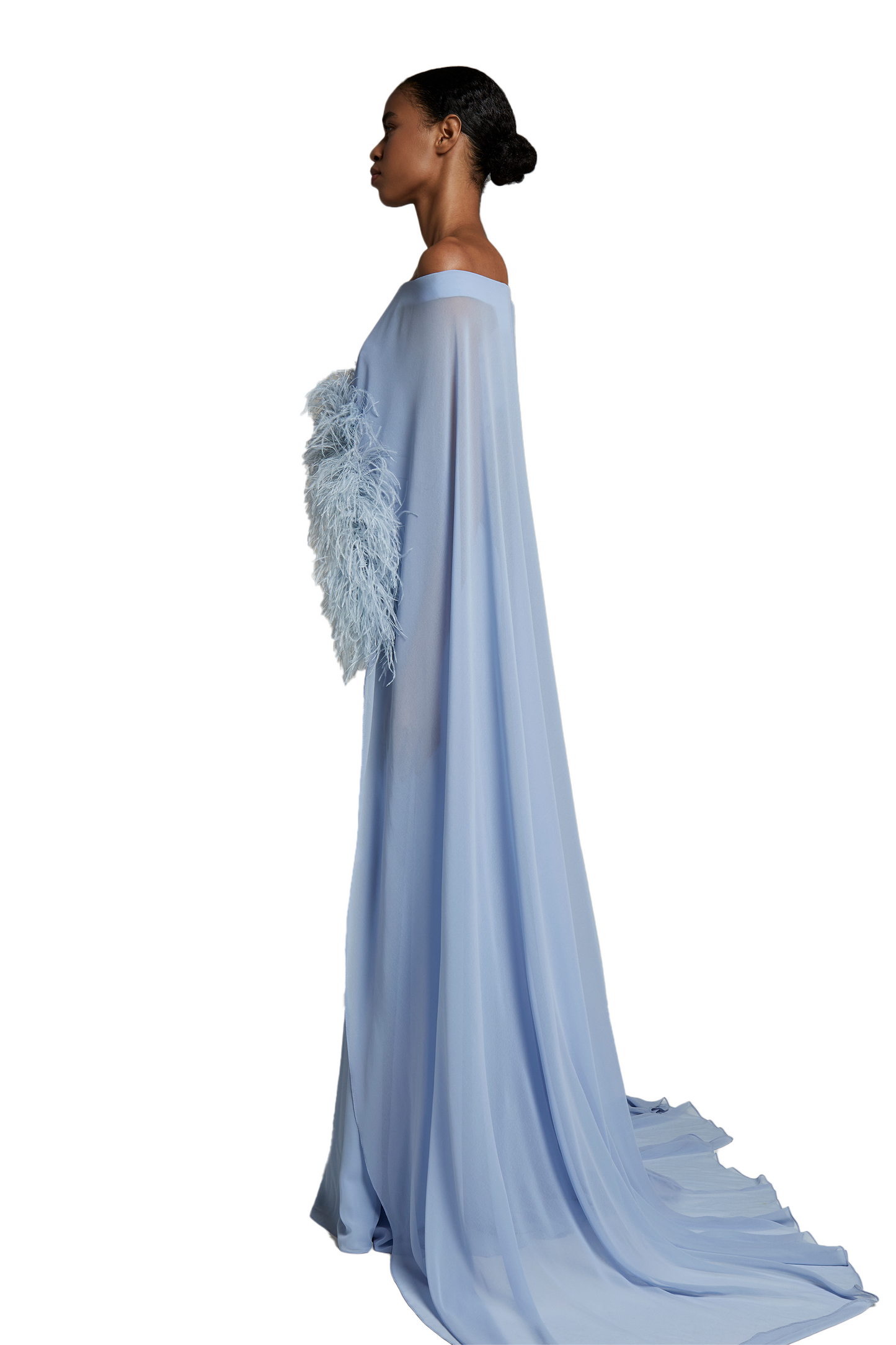 Off-the-Shoulder Long Dress with Goose Feather Cape