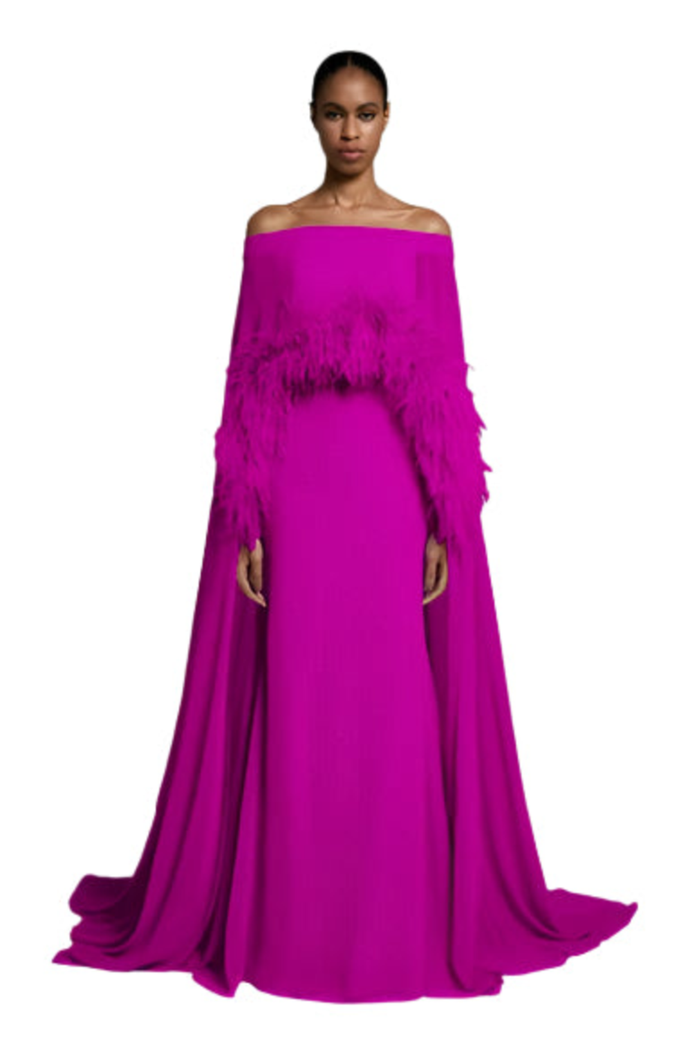 Off-the-Shoulder Long Dress with Goose Feather Cape