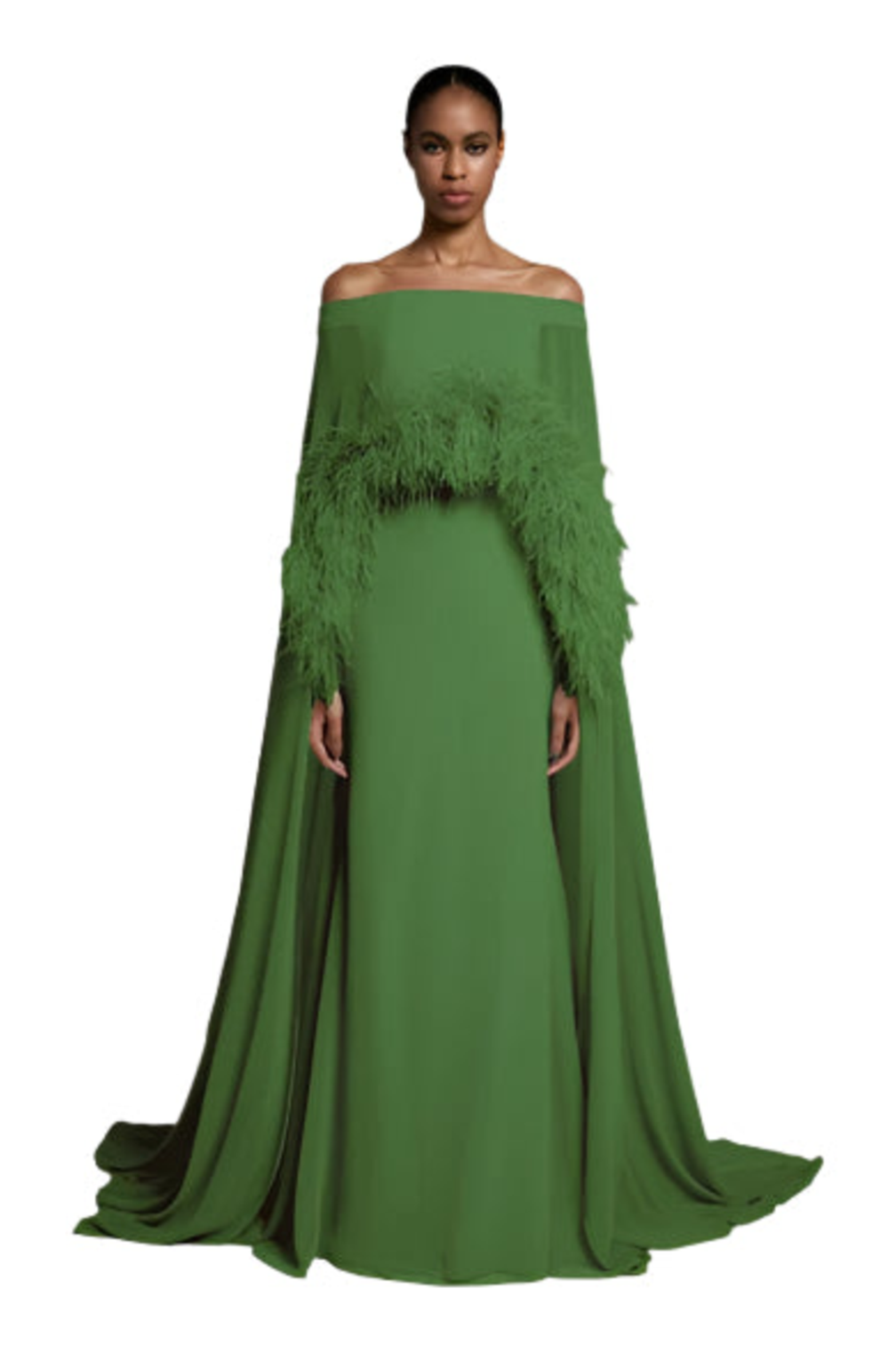 Off-the-Shoulder Long Dress with Goose Feather Cape