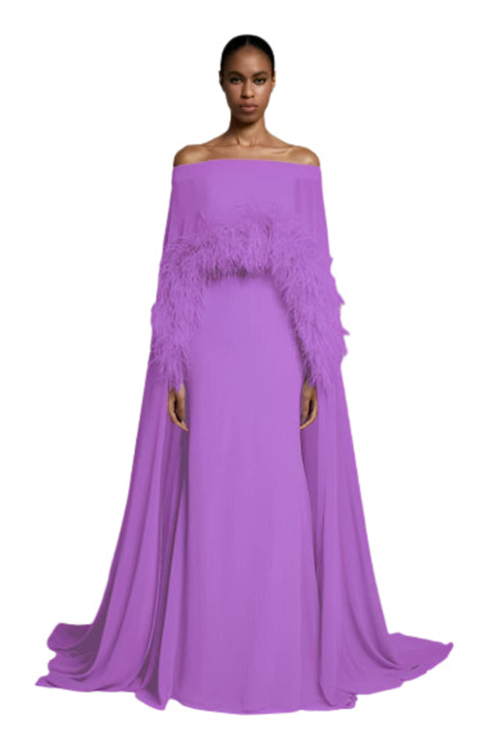 Off-the-Shoulder Long Dress with Goose Feather Cape
