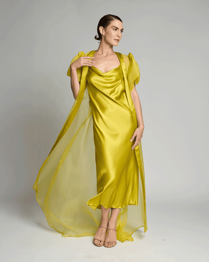 Woman wearing a yellow satin dress with a sheer overlay against a plain background