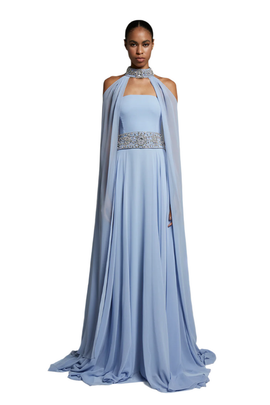 STRAPLESS Long Dress with Scarf and Embroidered Belt