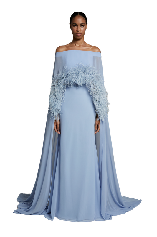 Off-the-Shoulder Long Dress with Goose Feather Cape
