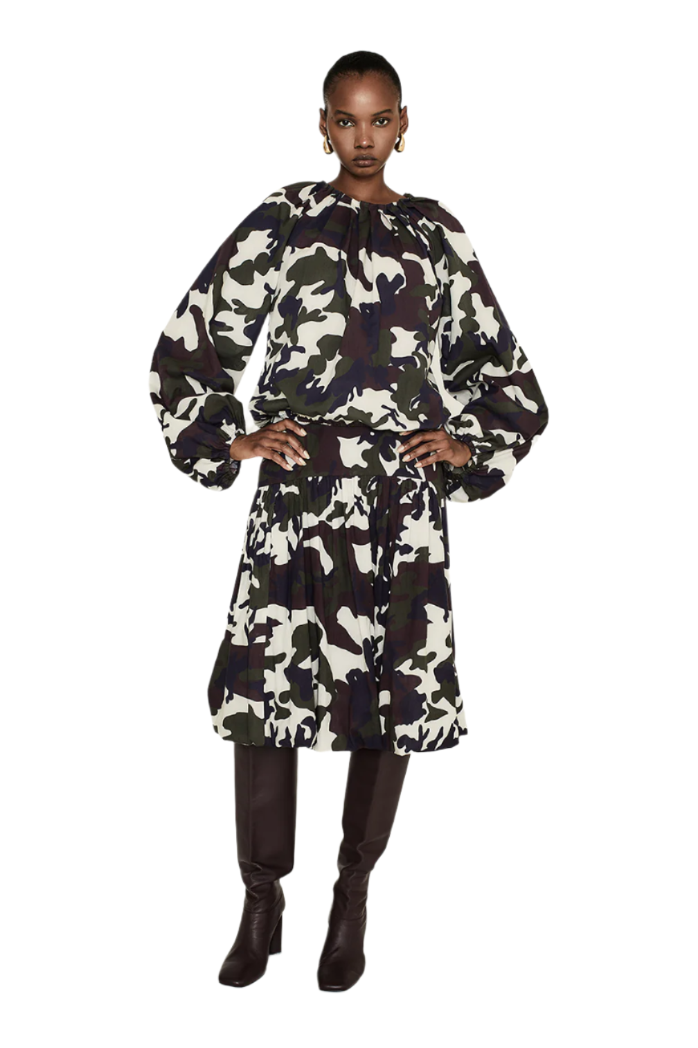 Camouflage Midi Skirt with Banded Waist