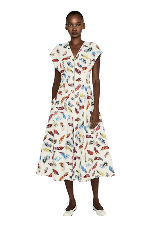 Plumes Pleated Midi Dress with Zipper
