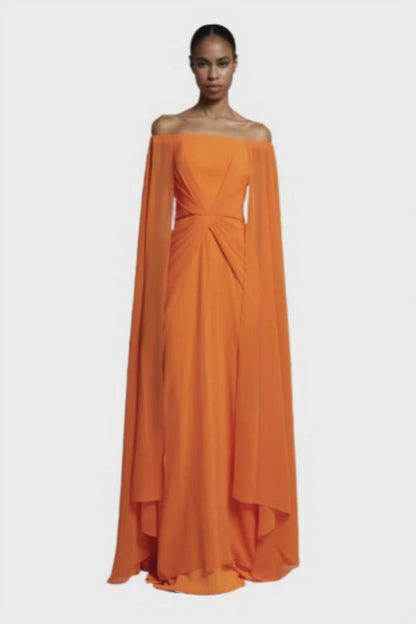 Off-The-Shoulder Long Dress with Sleeve Cape